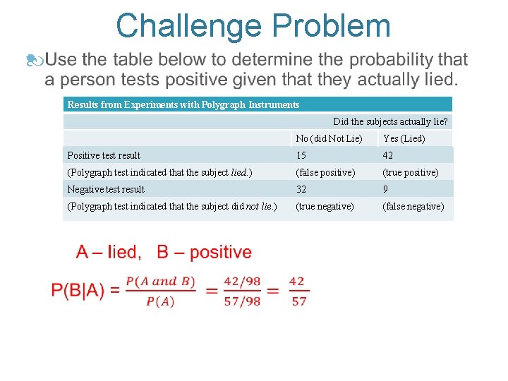 Challenge Problem Results from Experiments with Polygraph Instruments Did the subjects actually lie? No