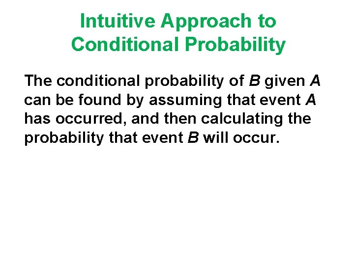 Intuitive Approach to Conditional Probability The conditional probability of B given A can be