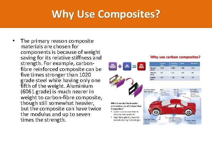 Why Use Composites? • The primary reason composite materials are chosen for components is