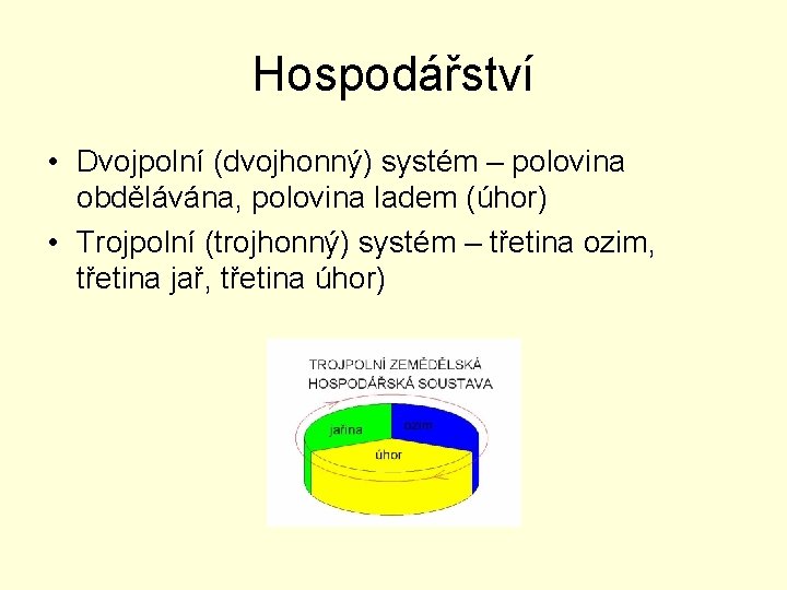 Hospodářství • Dvojpolní (dvojhonný) systém – polovina obdělávána, polovina ladem (úhor) • Trojpolní (trojhonný)