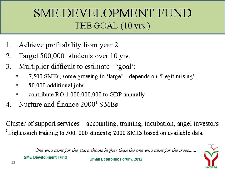 SME DEVELOPMENT FUND THE GOAL (10 yrs. ) 1. Achieve profitability from year 2