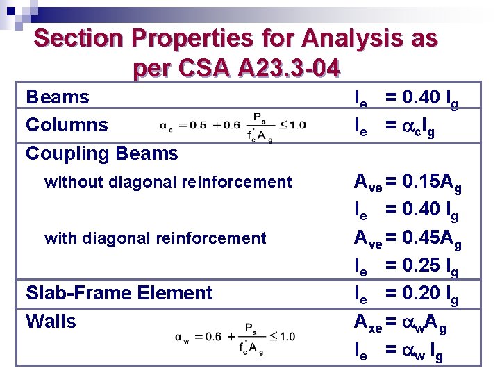 Section Properties for Analysis as per CSA A 23. 3 -04 Beams Columns Coupling