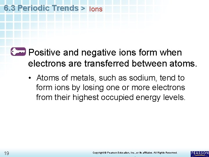 6. 3 Periodic Trends > Ions Positive and negative ions form when electrons are