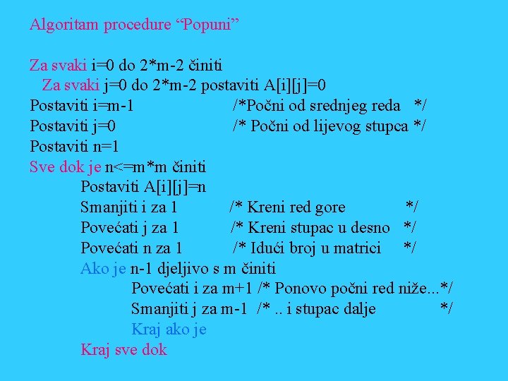 Algoritam procedure “Popuni” Za svaki i=0 do 2*m-2 činiti Za svaki j=0 do 2*m-2