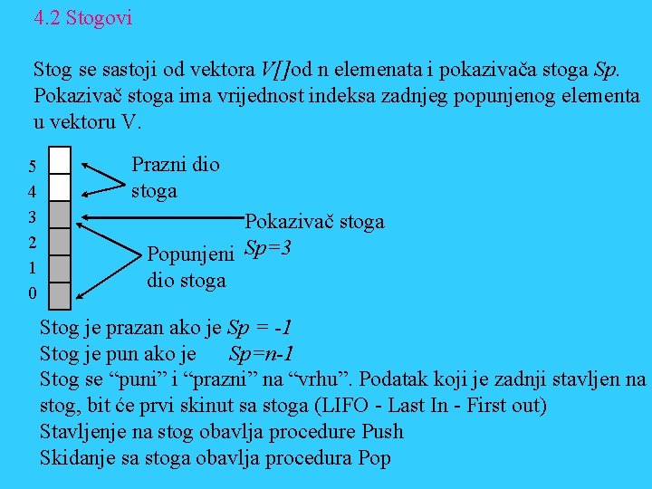 4. 2 Stogovi Stog se sastoji od vektora V[]od n elemenata i pokazivača stoga