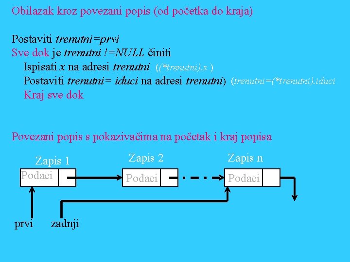 Obilazak kroz povezani popis (od početka do kraja) Postaviti trenutni=prvi Sve dok je trenutni