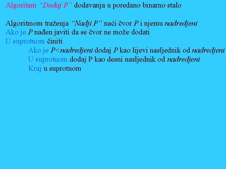 Algoritam “Dodaj P” dodavanja u poredano binarno stalo Algoritmom traženja “Nadji P” naći čvor