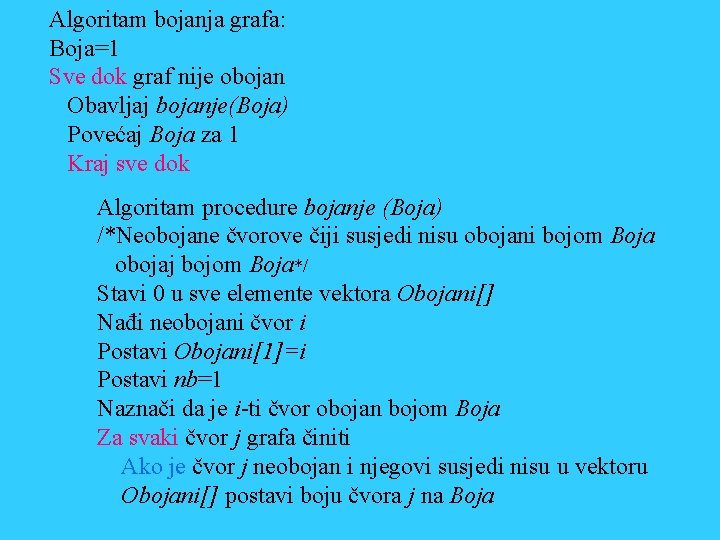 Algoritam bojanja grafa: Boja=1 Sve dok graf nije obojan Obavljaj bojanje(Boja) Povećaj Boja za