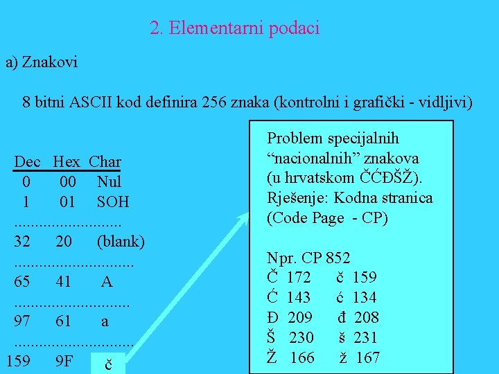 2. Elementarni podaci a) Znakovi 8 bitni ASCII kod definira 256 znaka (kontrolni i