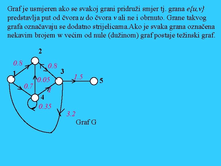 Graf je usmjeren ako se svakoj grani pridruži smjer tj. grana e{u, v} predstavlja