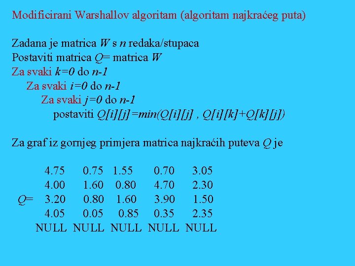 Modificirani Warshallov algoritam (algoritam najkraćeg puta) Zadana je matrica W s n redaka/stupaca Postaviti