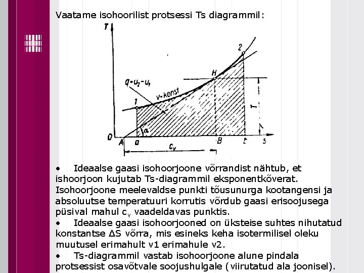 Vaatame isohoorilist protsessi Ts diagrammil: • Ideaalse gaasi isohoorjoone võrrandist nähtub, et ishoorjoon kujutab