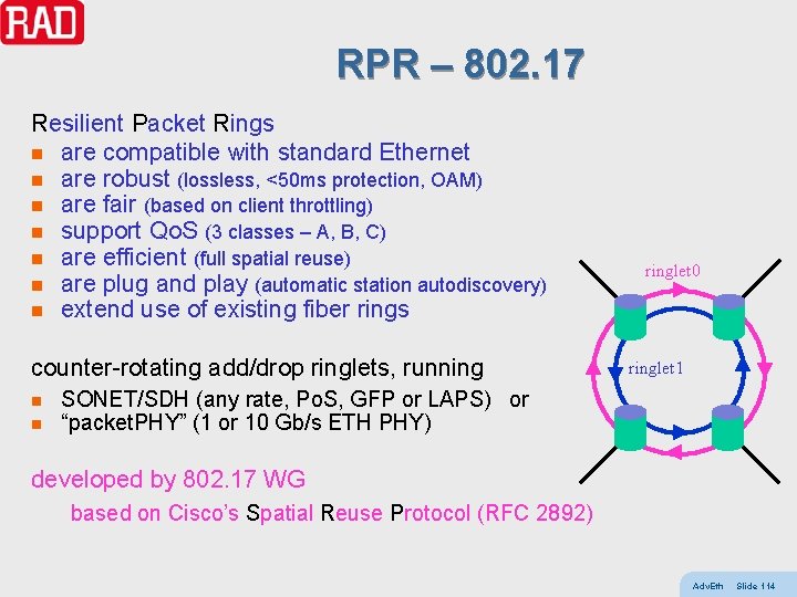 RPR – 802. 17 Resilient Packet Rings n are compatible with standard Ethernet n