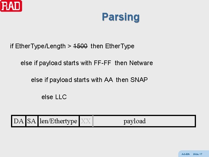 Parsing if Ether. Type/Length > 1500 then Ether. Type else if payload starts with