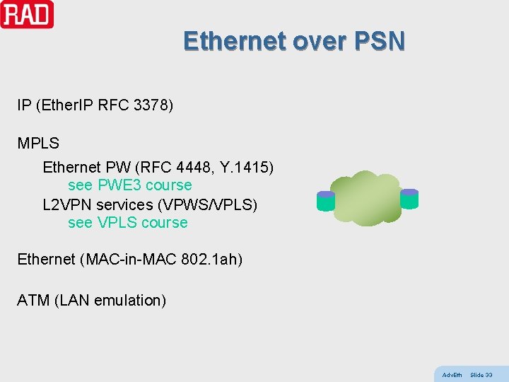 Ethernet over PSN IP (Ether. IP RFC 3378) MPLS Ethernet PW (RFC 4448, Y.
