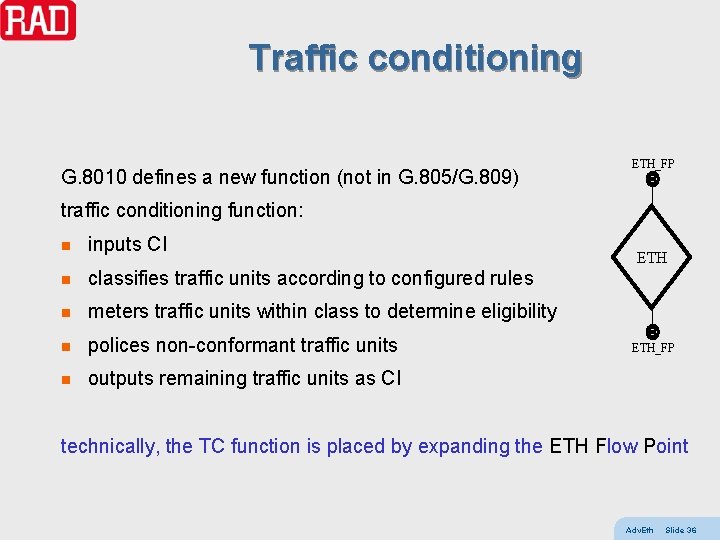 Traffic conditioning G. 8010 defines a new function (not in G. 805/G. 809) ETH_FP