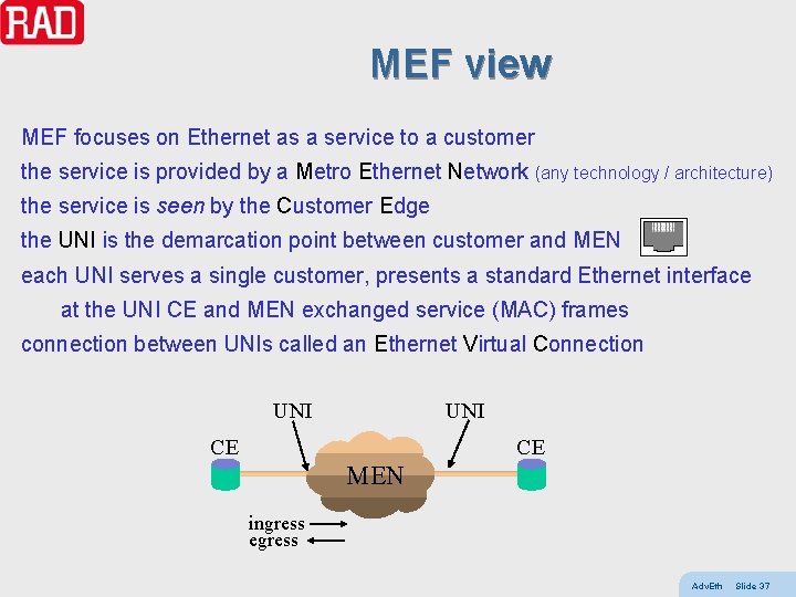 MEF view MEF focuses on Ethernet as a service to a customer the service