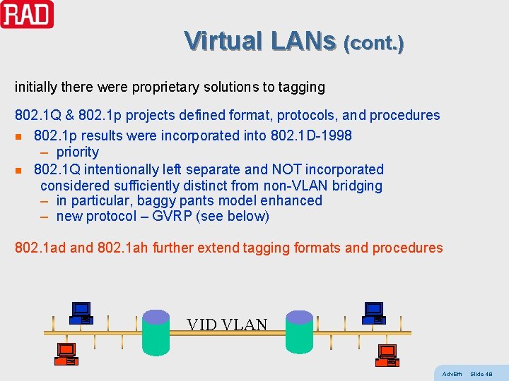 Virtual LANs (cont. ) initially there were proprietary solutions to tagging 802. 1 Q