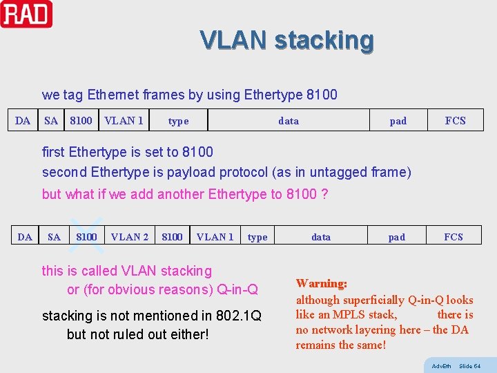 VLAN stacking we tag Ethernet frames by using Ethertype 8100 DA SA 8100 VLAN
