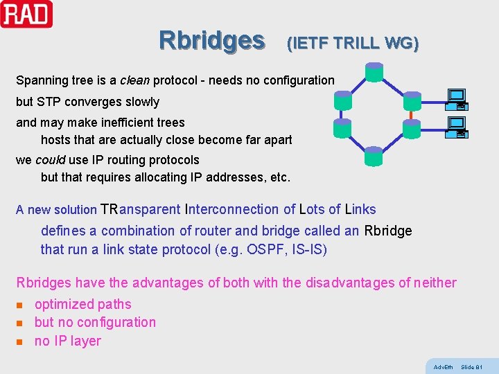 Rbridges (IETF TRILL WG) Spanning tree is a clean protocol - needs no configuration