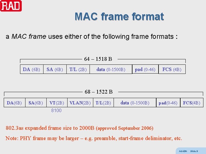 MAC frame format a MAC frame uses either of the following frame formats :