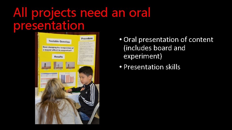 All projects need an oral presentation • Oral presentation of content (includes board and