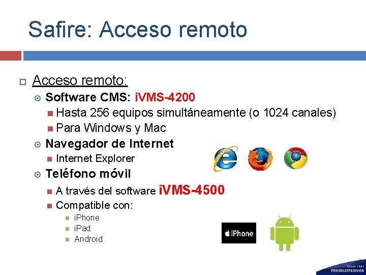Safire: Acceso remoto: Software CMS: i. VMS-4200 Hasta 256 equipos simultáneamente (o 1024 canales)