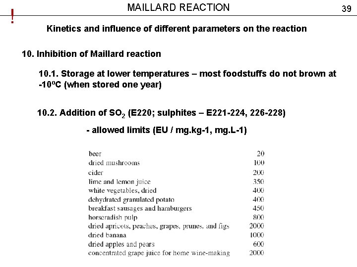 ! MAILLARD REACTION Kinetics and influence of different parameters on the reaction 10. Inhibition