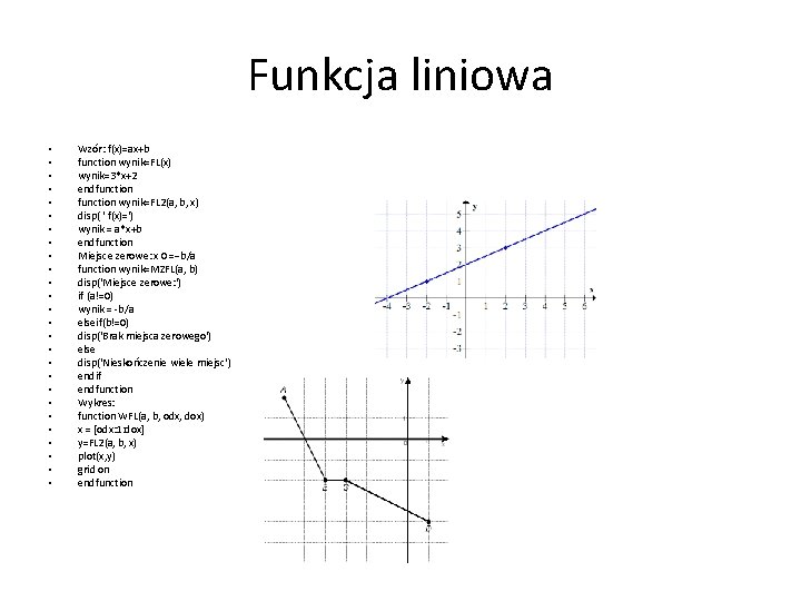 Funkcja liniowa • • • • • • • Wzór: f(x)=ax+b function wynik=FL(x) wynik=3*x+2