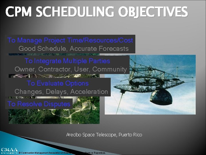CPM SCHEDULING OBJECTIVES To Manage Project Time/Resources/Cost Good Schedule, Accurate Forecasts To Integrate Multiple