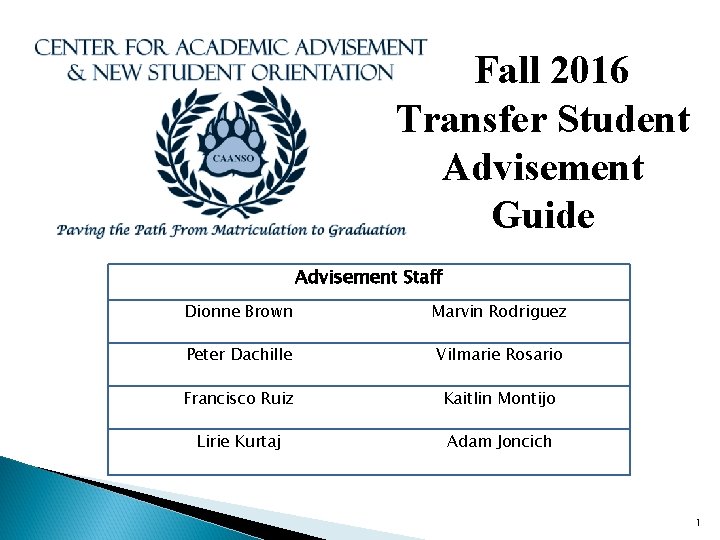 Fall 2016 Transfer Student Advisement Guide Advisement Staff Dionne Brown Marvin Rodriguez Peter Fall 2016 Transfer Student Advisement Guide Advisement Staff Dionne Brown Marvin Rodriguez Peter