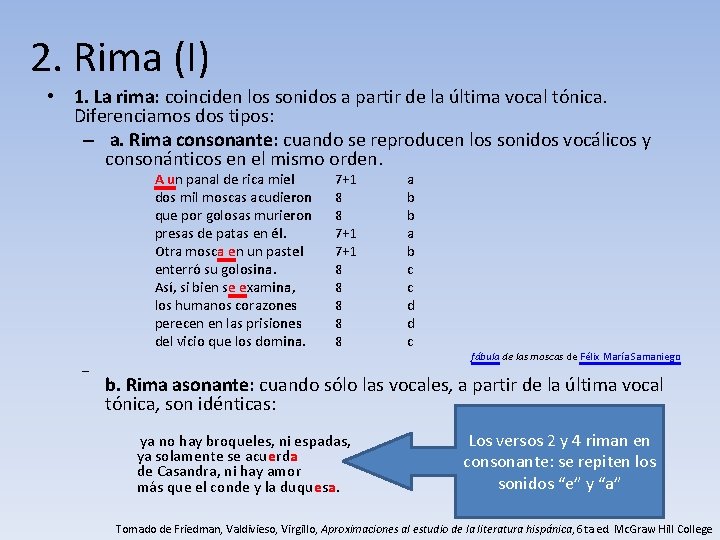 2. Rima (I) • 1. La rima: coinciden los sonidos a partir de la