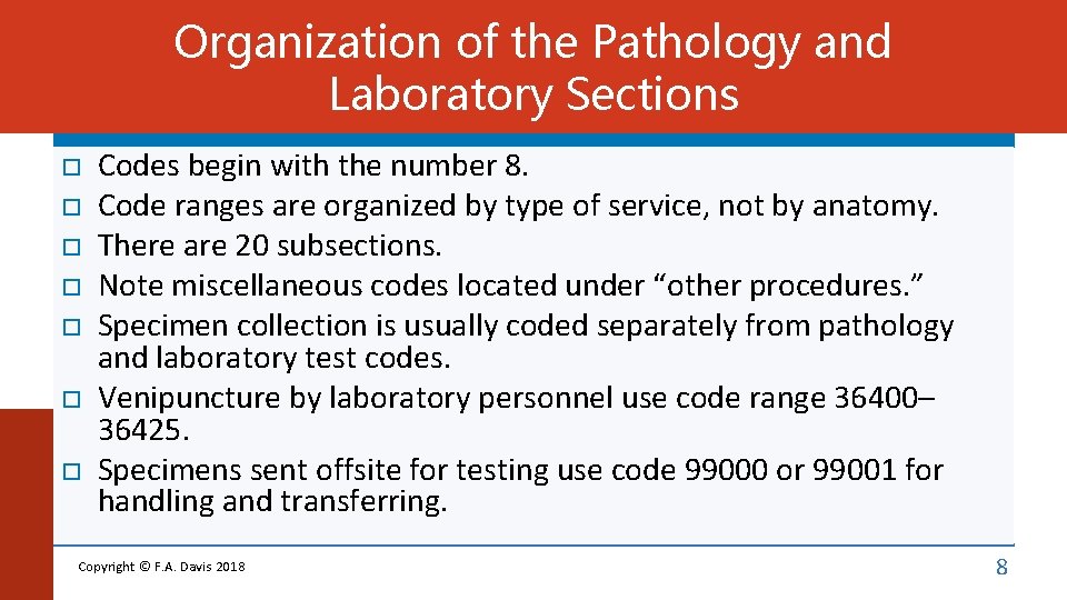 Organization of the Pathology and Laboratory Sections Codes begin with the number 8. Code