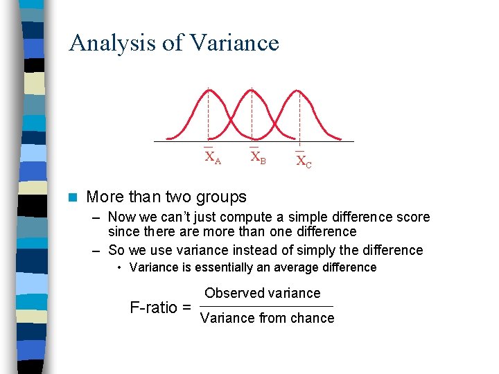 Analysis of Variance XA n XB XC More than two groups – Now we