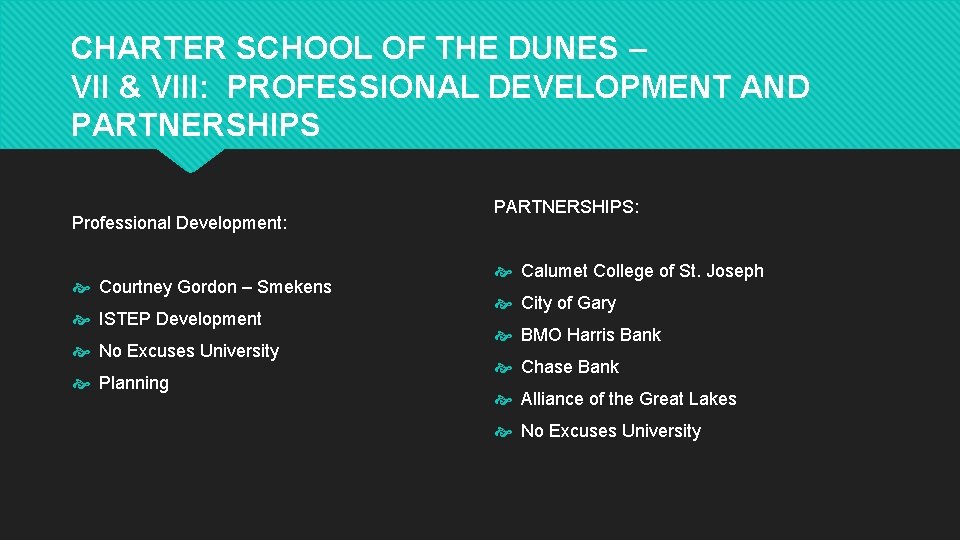 CHARTER SCHOOL OF THE DUNES – VII & VIII: PROFESSIONAL DEVELOPMENT AND PARTNERSHIPS Professional