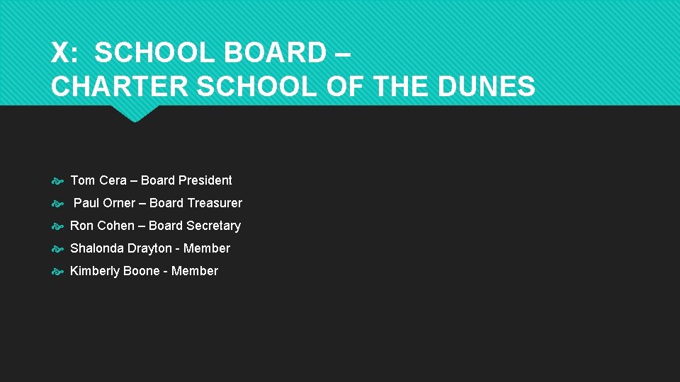 X: SCHOOL BOARD – CHARTER SCHOOL OF THE DUNES Tom Cera – Board President