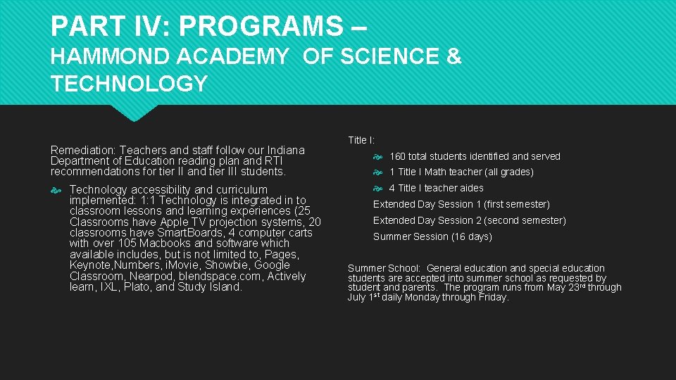 PART IV: PROGRAMS – HAMMOND ACADEMY OF SCIENCE & TECHNOLOGY Remediation: Teachers and staff