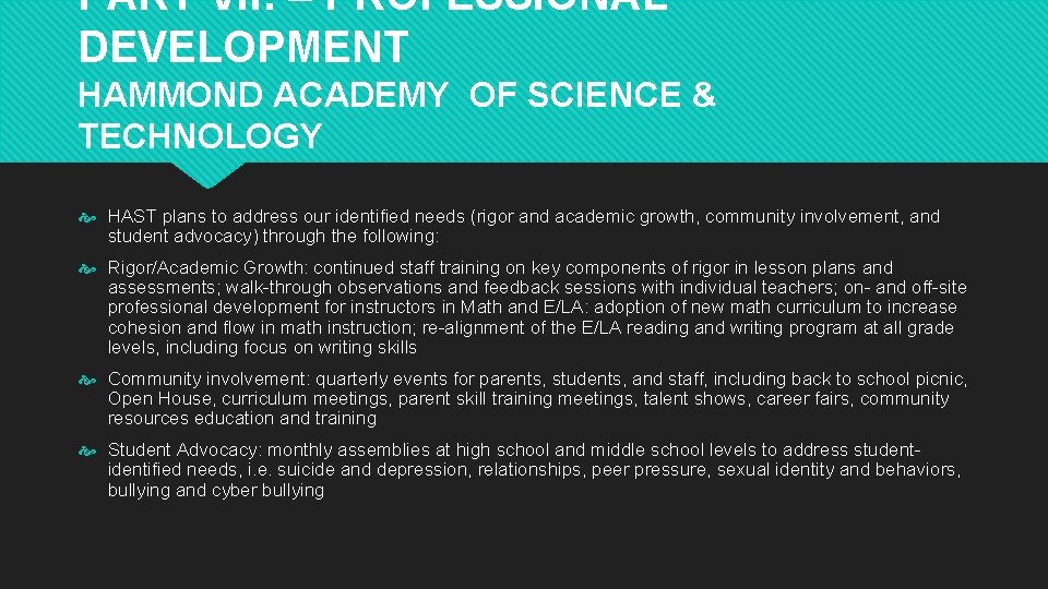 PART VII: – PROFESSIONAL DEVELOPMENT HAMMOND ACADEMY OF SCIENCE & TECHNOLOGY HAST plans to