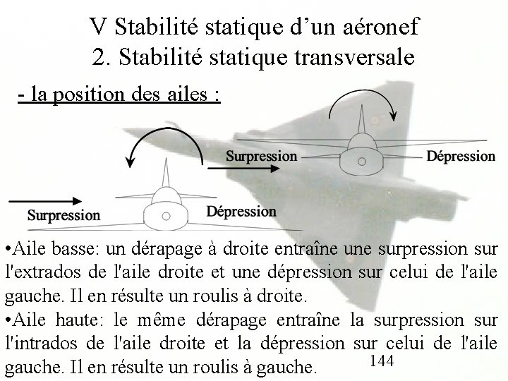 V Stabilité statique d’un aéronef 2. Stabilité statique transversale - la position des ailes