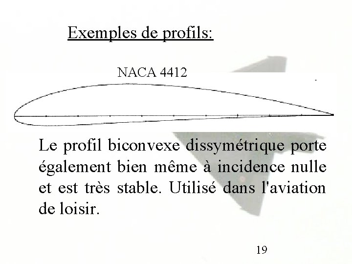 Exemples de profils: NACA 4412 Le profil biconvexe dissymétrique porte également bien même à