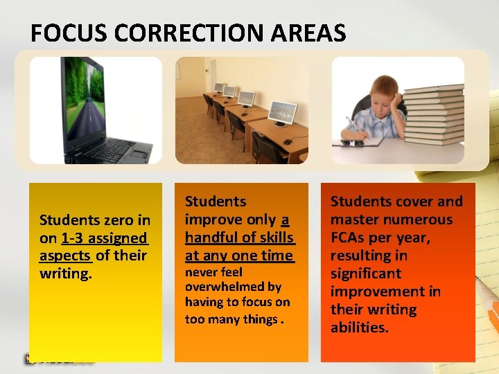 FOCUS CORRECTION AREAS Students zero in on 1 -3 assigned aspects of their writing.