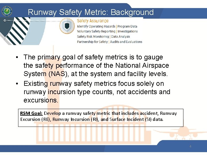 Runway Safety Metric: Background • The primary goal of safety metrics is to gauge