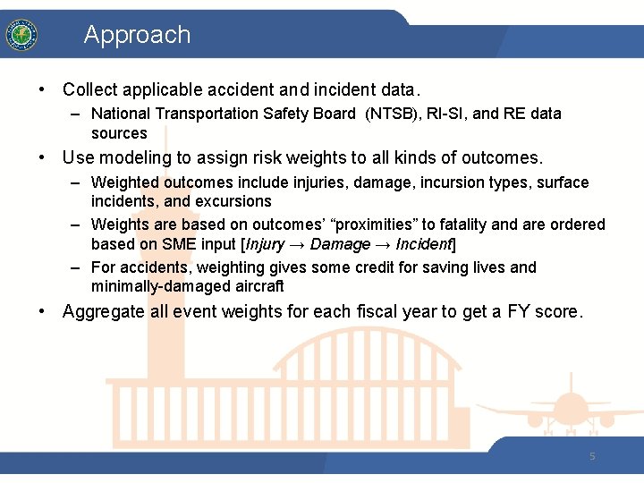 Approach • Collect applicable accident and incident data. – National Transportation Safety Board (NTSB),