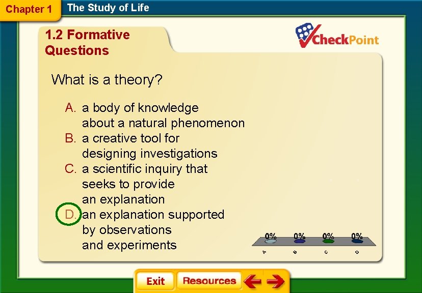 Chapter 1 The Study of Life 1. 2 Formative Questions What is a theory?