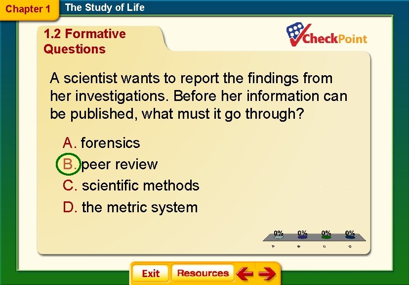 Chapter 1 The Study of Life 1. 2 Formative Questions A scientist wants to