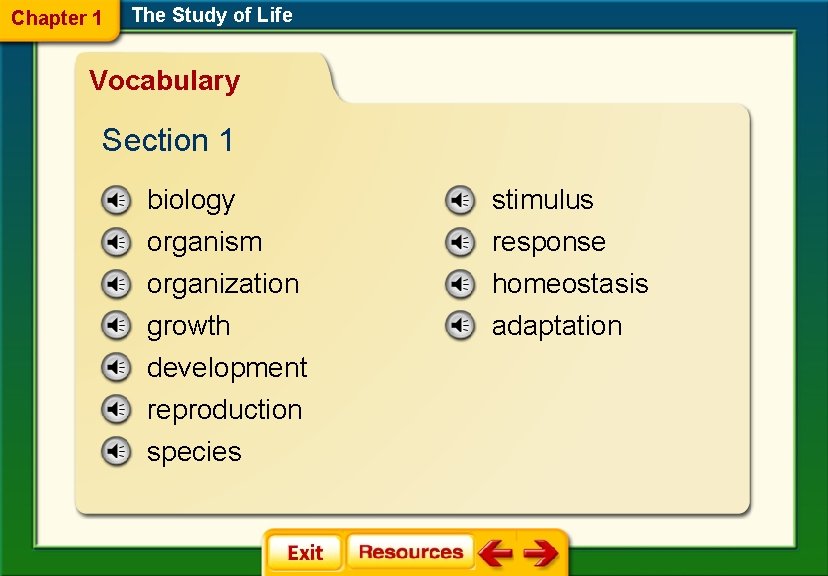 Chapter 1 The Study of Life Vocabulary Section 1 biology stimulus organism organization growth