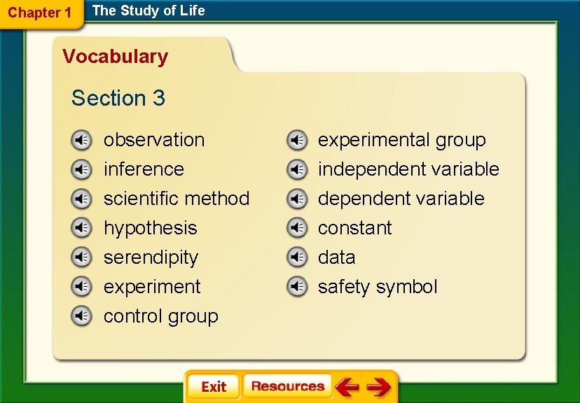 Chapter 1 The Study of Life Vocabulary Section 3 observation experimental group inference scientific