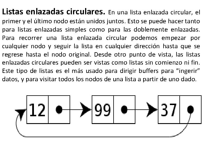 Listas enlazadas circulares. En una lista enlazada circular, el primer y el último nodo Listas enlazadas circulares. En una lista enlazada circular, el primer y el último nodo