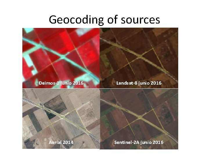 Geocoding of sources Deimos-1 junio 2016 Landsat-8 junio 2016 Aerial 2014 Sentinel-2 A junio