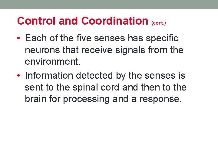 Control and Coordination (cont. ) • Each of the five senses has specific neurons Control and Coordination (cont. ) • Each of the five senses has specific neurons